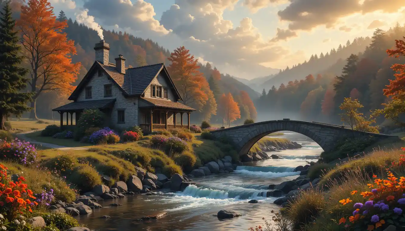Stone cabin by an autumn forest river at golden hour