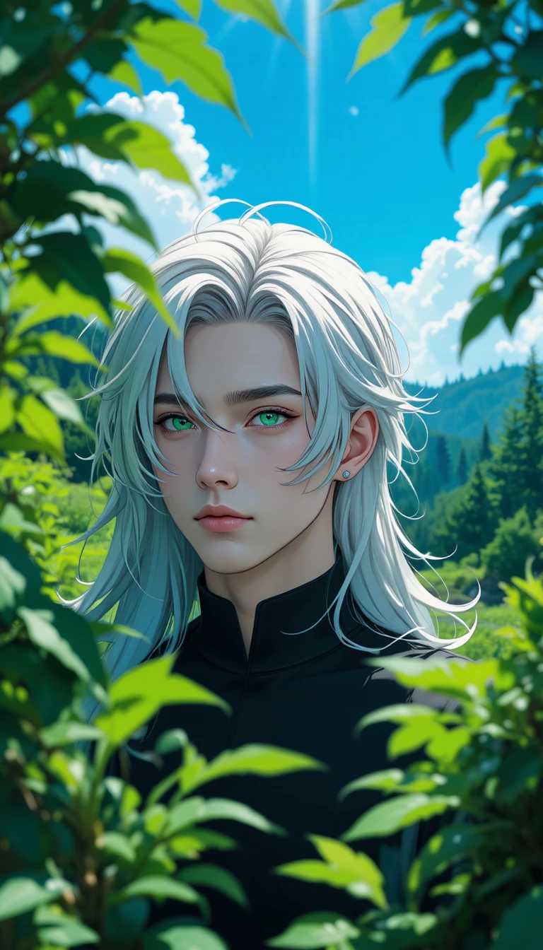 Homme d’anime aux cheveux argentés au soleil parmi un feuillage vert