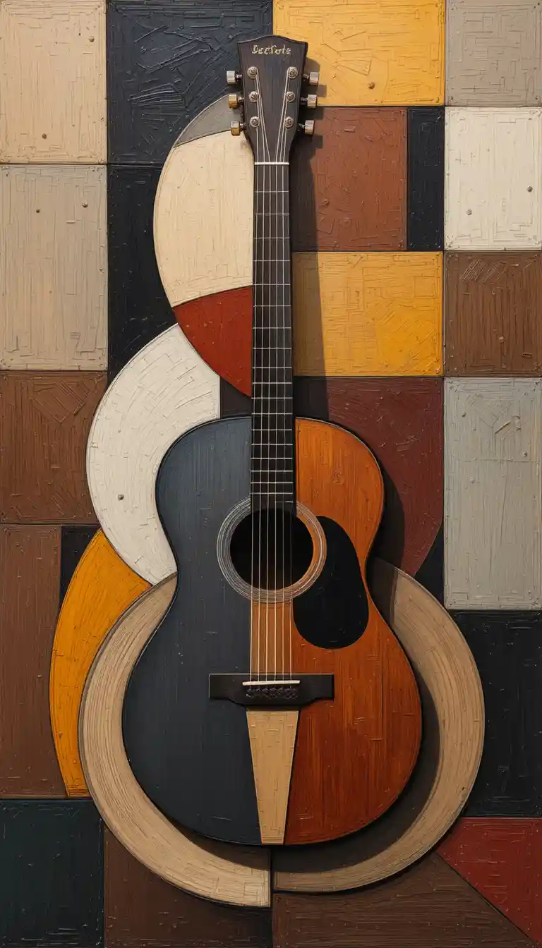 Cubist acoustic guitar fragmented into colorful geometric planes