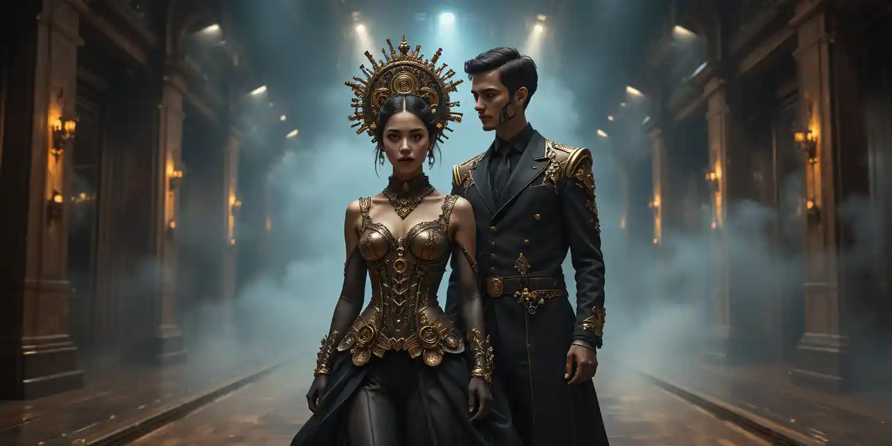 Steampunk-Galakonzert: Paar im majestätischen filmischen Rampenlicht