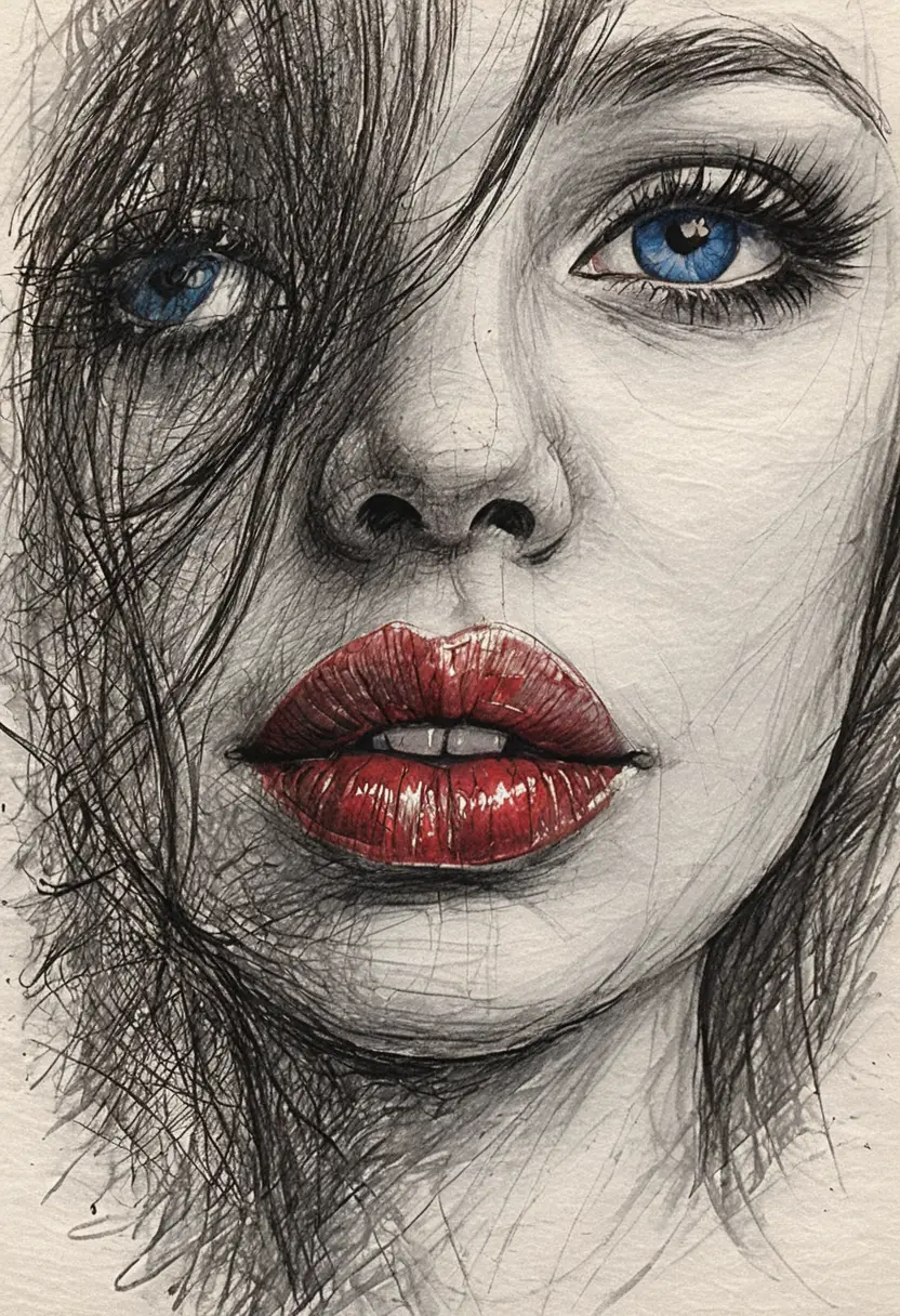Close up drawing of a woman with piercing blue eye