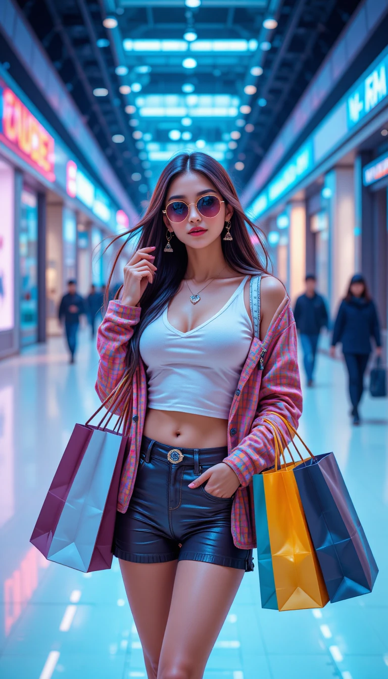 Stylish woman with shopping bags in modern mall