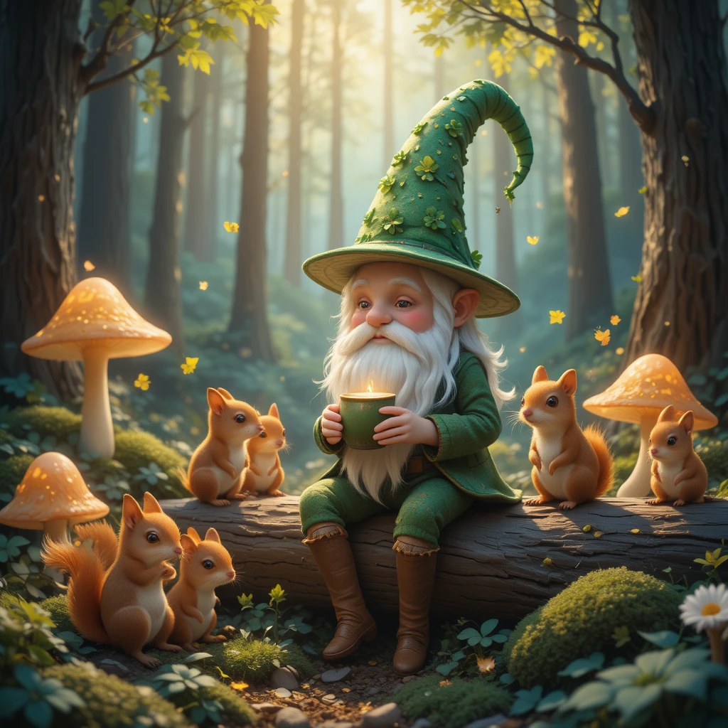 Whimsical forest gnome sharing coffee with squirrels