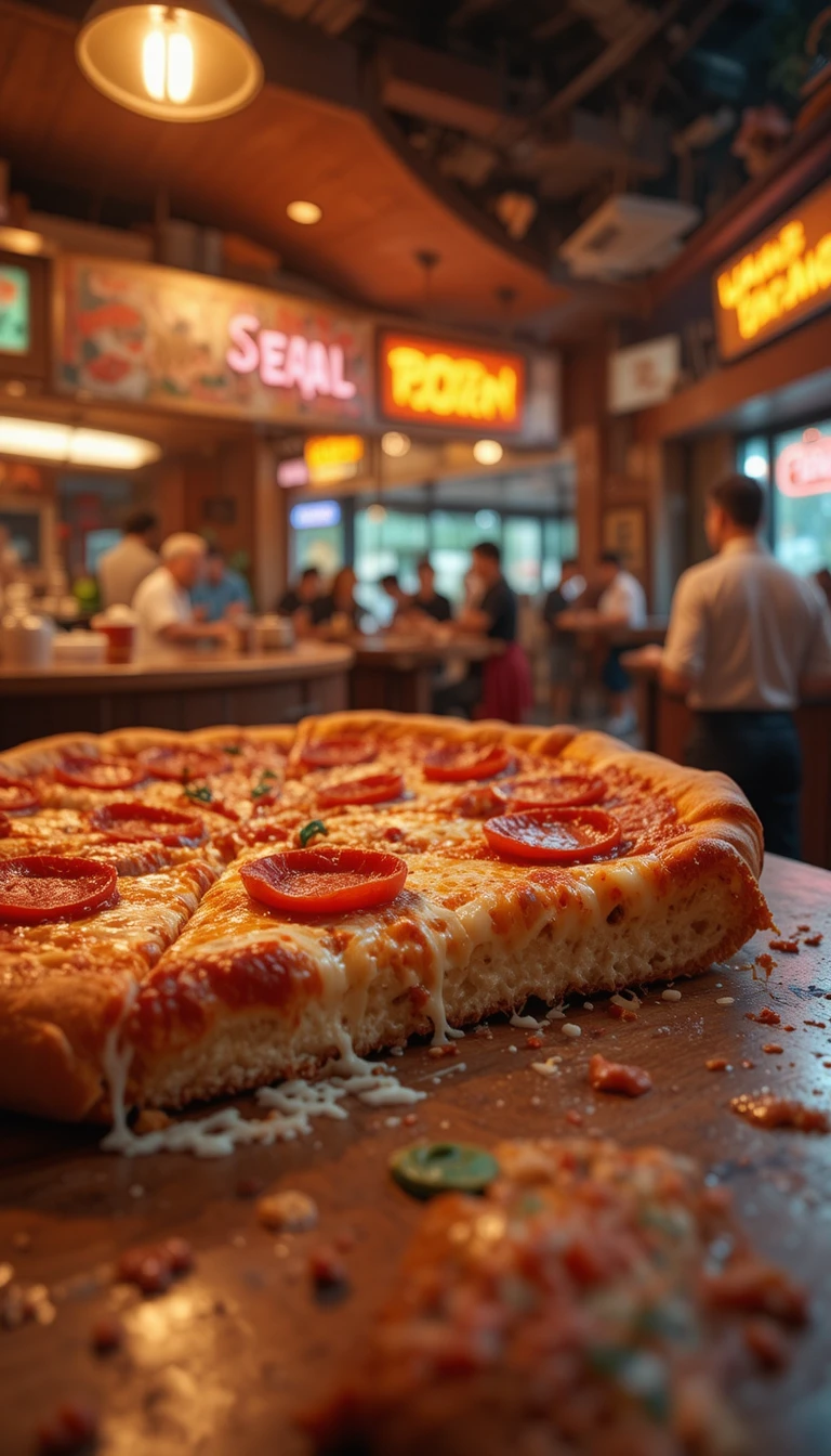 Close up pizza slice with cute pepperoni faces