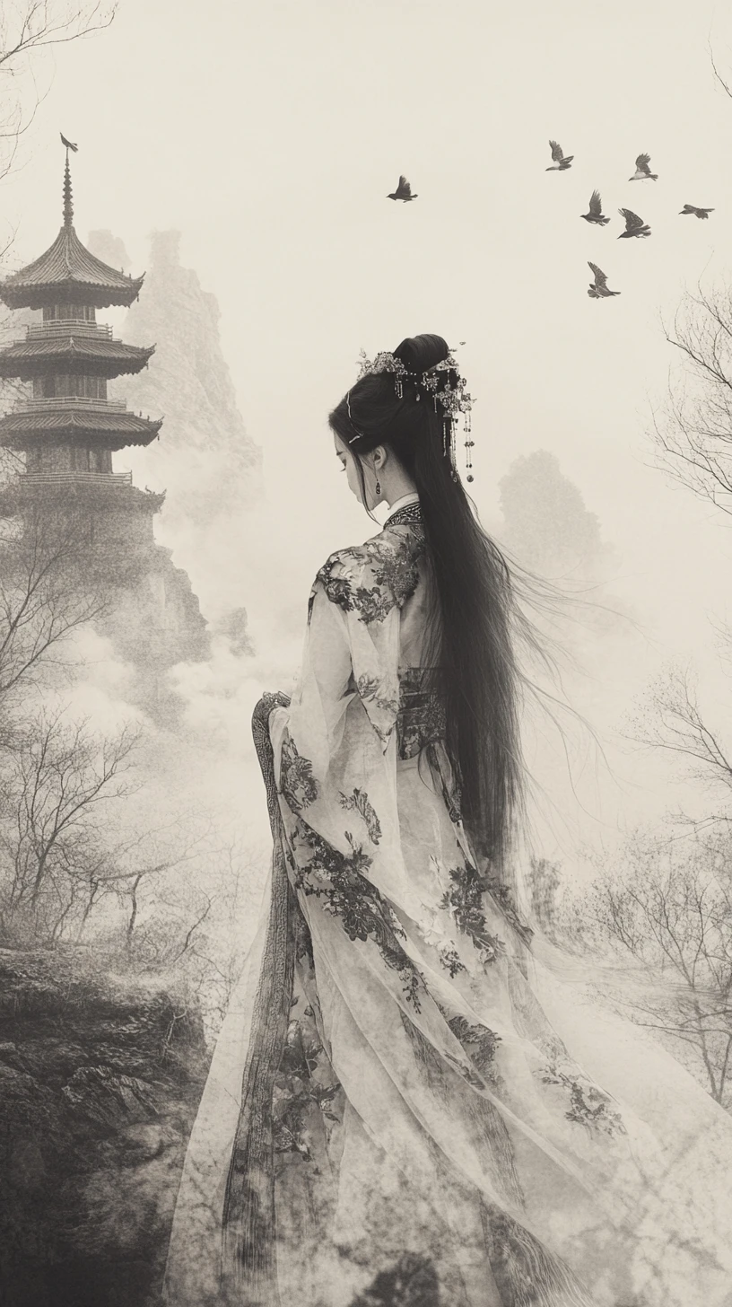 Mujer noble con hanfu en paisaje nebuloso de tinta china