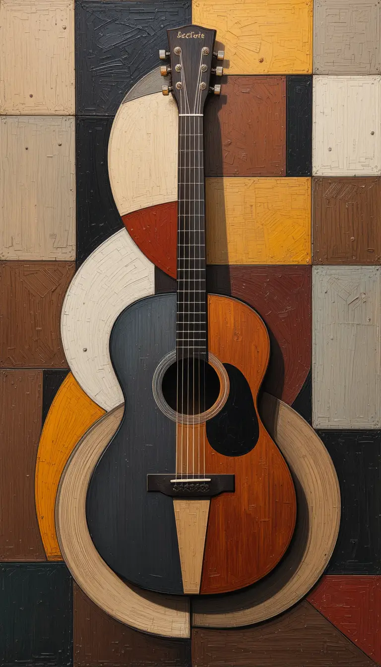 Cubist acoustic guitar fragmented into colorful geometric planes