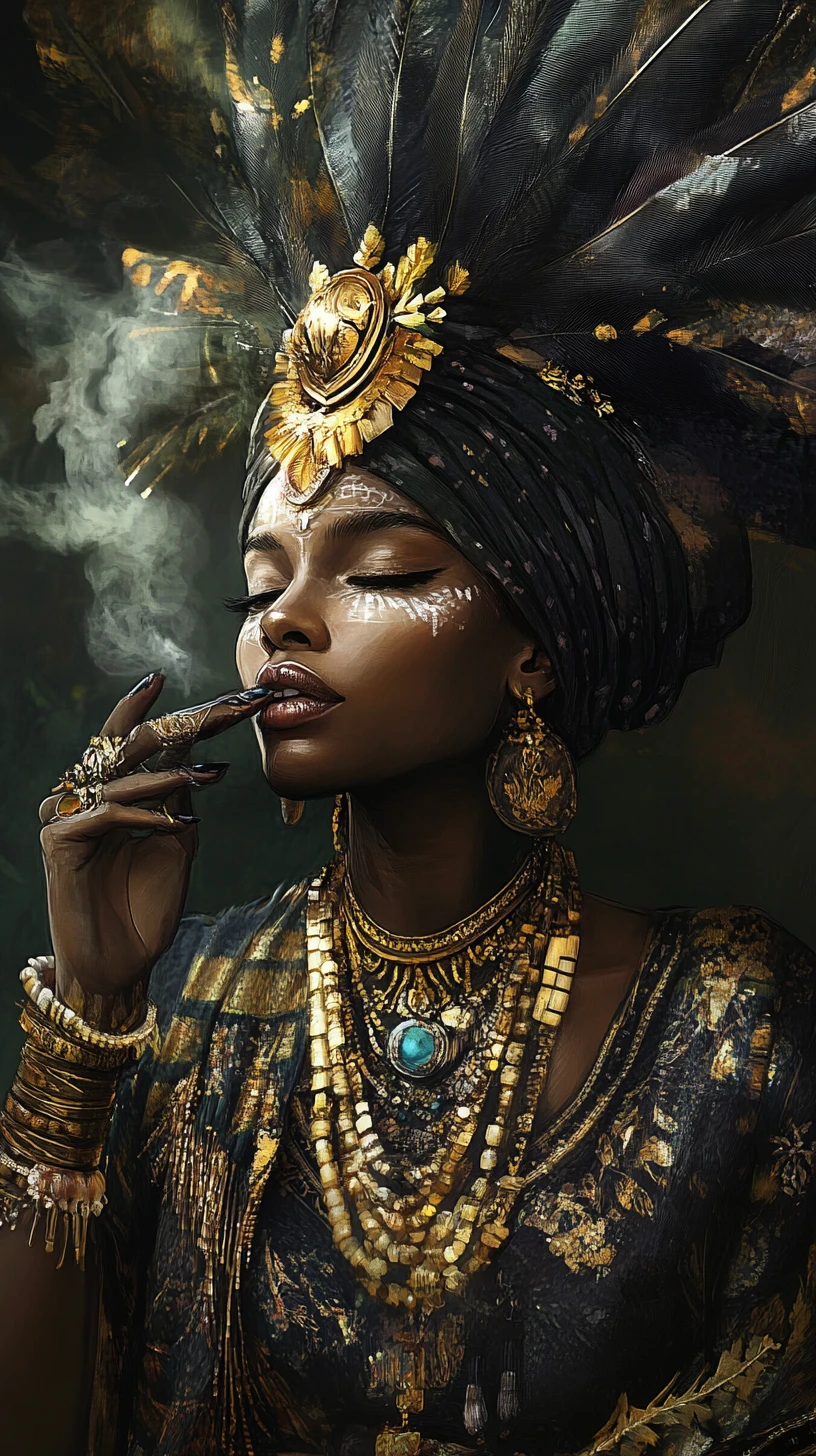Afrofuturistic divine man laughing at mortal magic