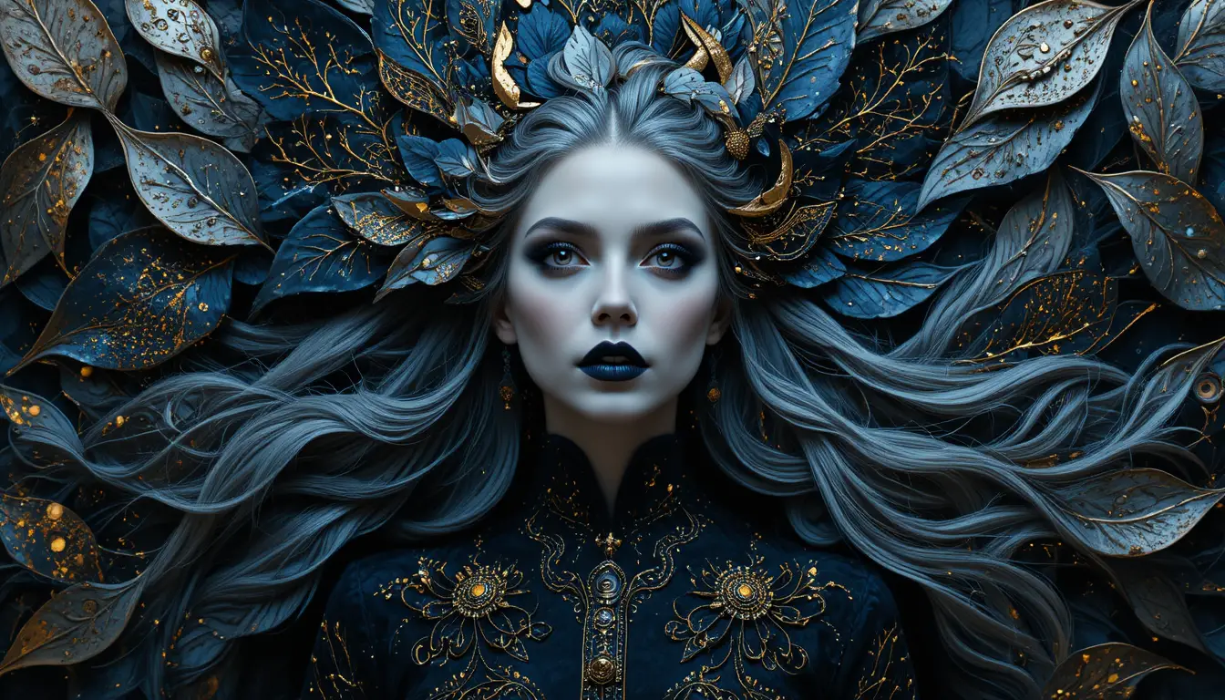 Mujer vampiro gótica con cabello ondulante en retrato dramático
