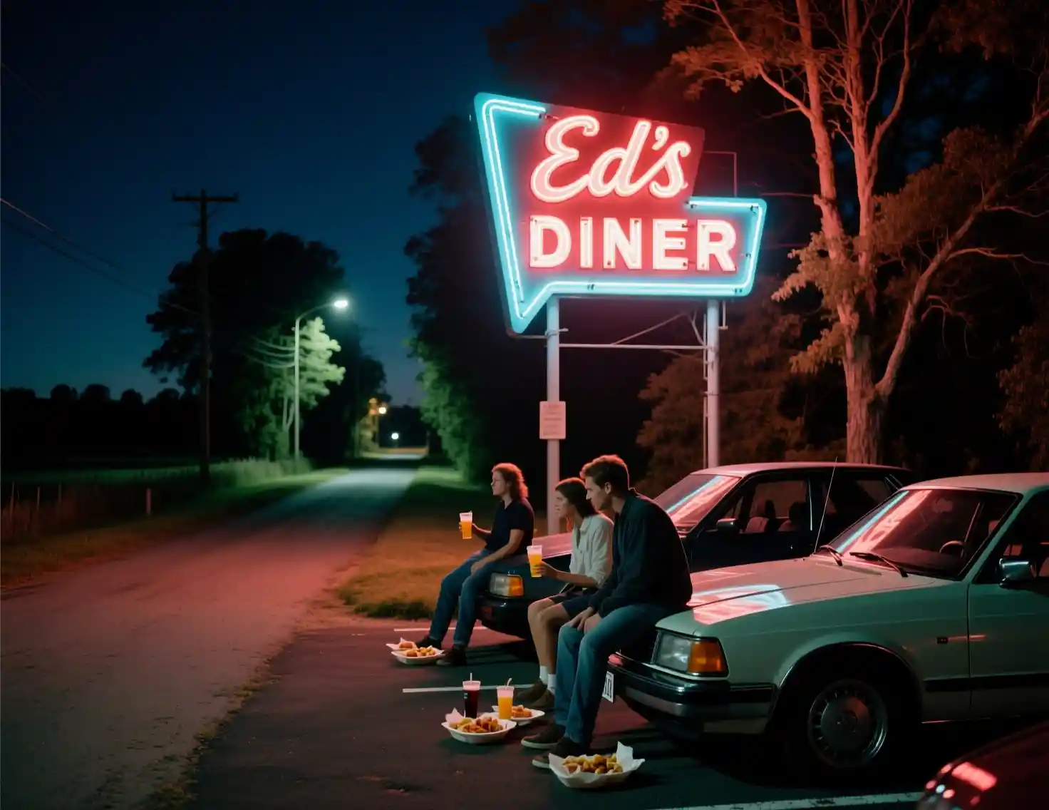 Neon diner sign glowing above cars on a dark lane