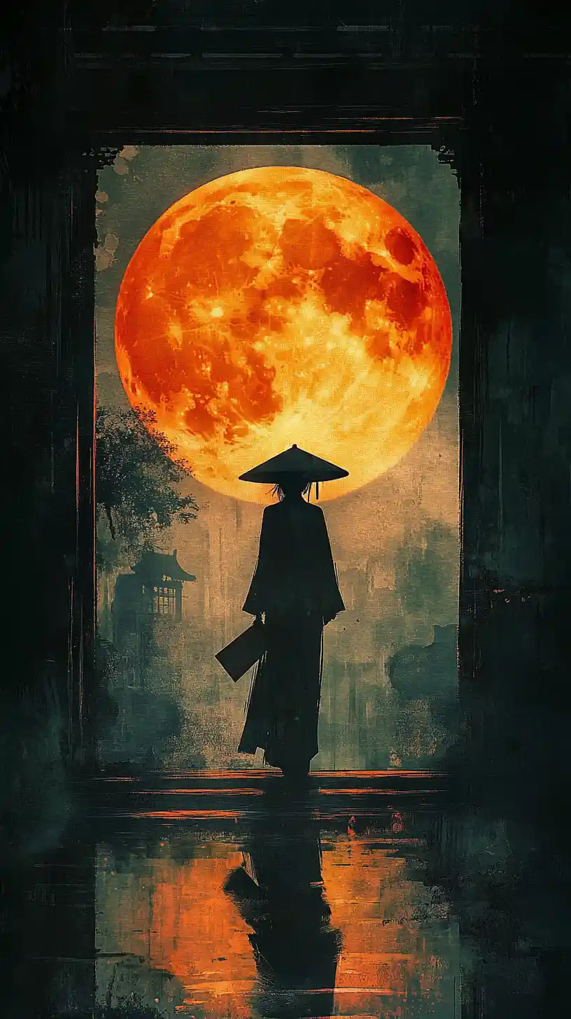 Donna in kimono in controluce davanti a una luna arancione luminosa