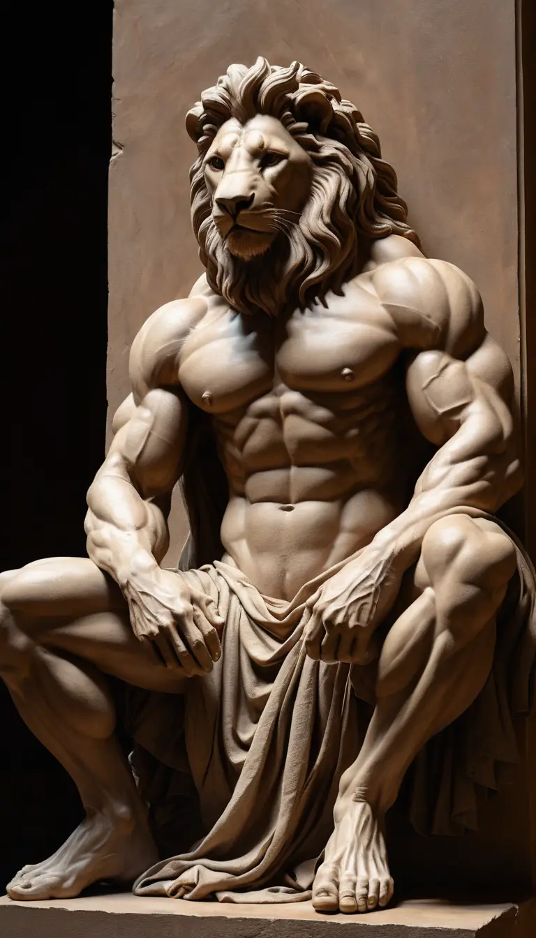 Anthropomorphic lion in toga in dramatic neoclassical interior