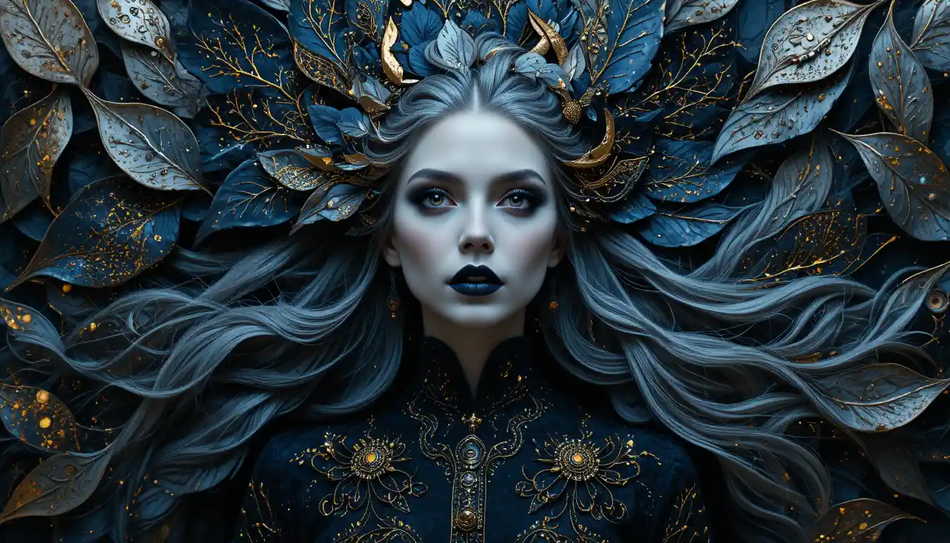 Donna vampiro gotica con capelli svolazzanti in ritratto drammatico
