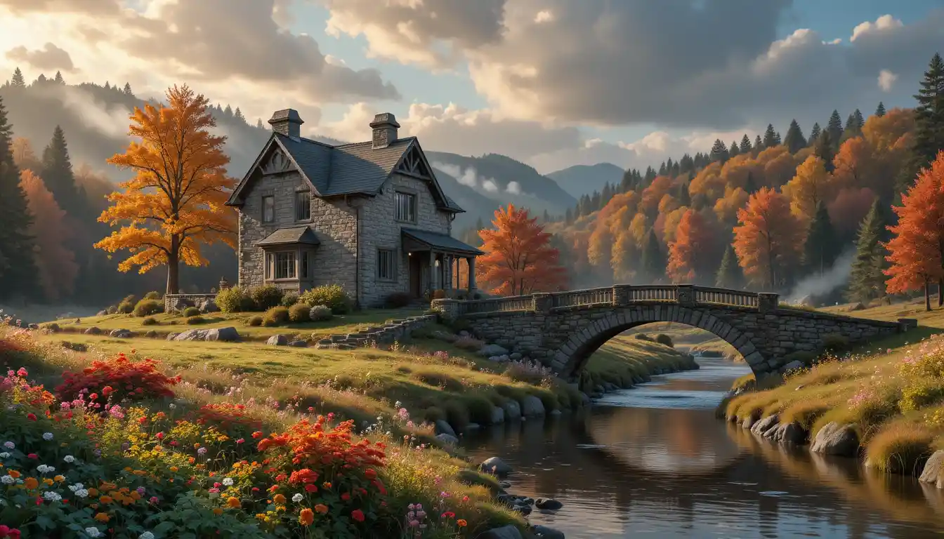 Stone cabin and bridge by an autumn forest stream