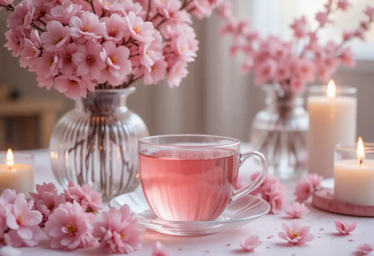 Stillleben mit rosa Blütentee und Kerzen auf dem Tisch