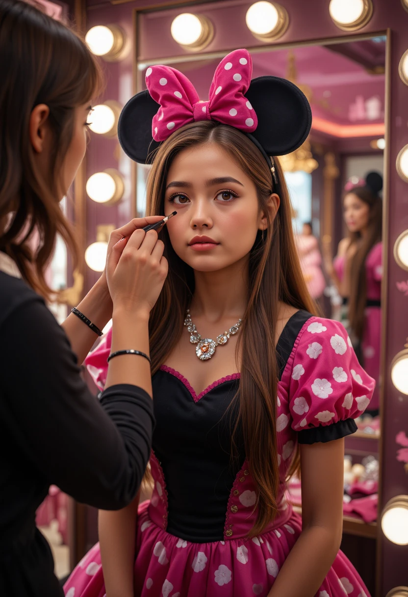Niño aprensivo con vestido rosa de Minnie bajo luces de maquillaje