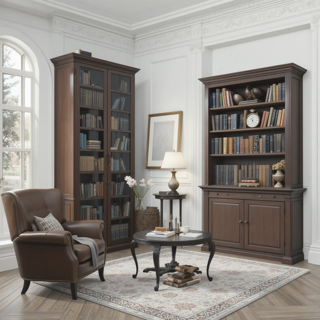 Acogedor rincón de biblioteca con sillón de cuero y cálida luz de velas