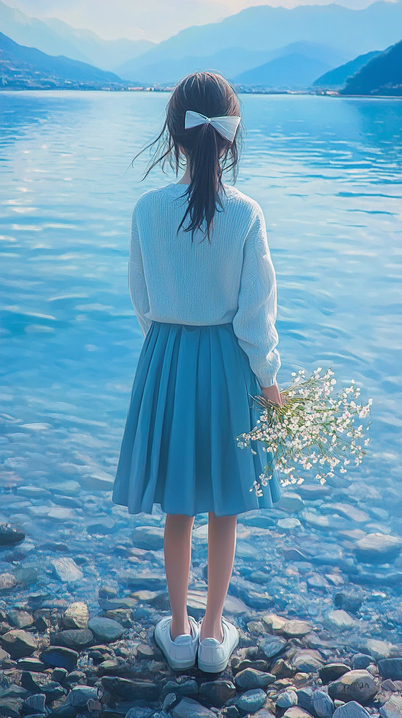 Ragazza anime accanto a un tranquillo lago di montagna blu