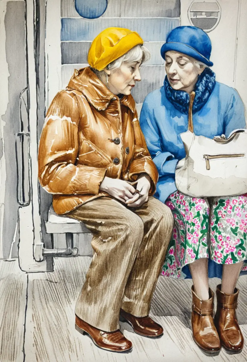 Elderly women talking on a metro bench in oil painting