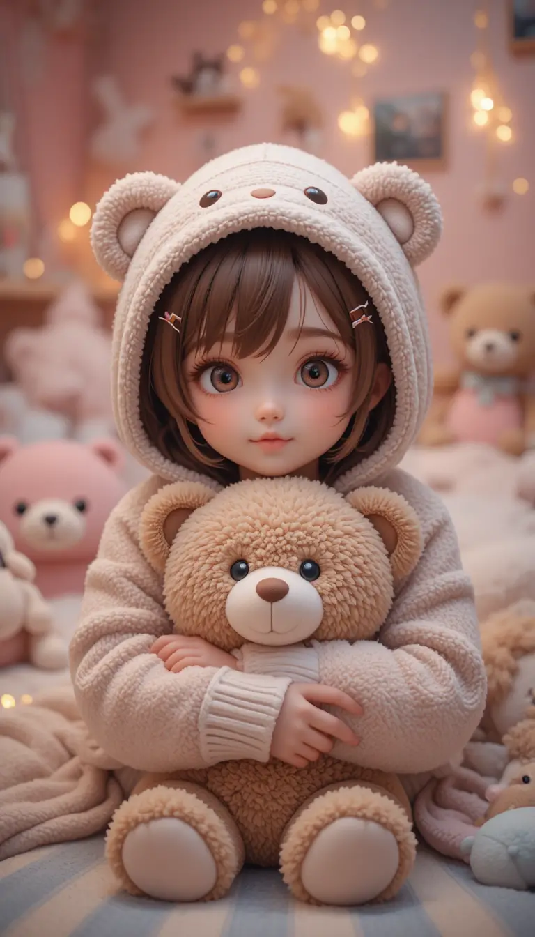 곰 후드를 쓴 귀여운 소녀가 테디 베어 인형을 안고 있는 모습
