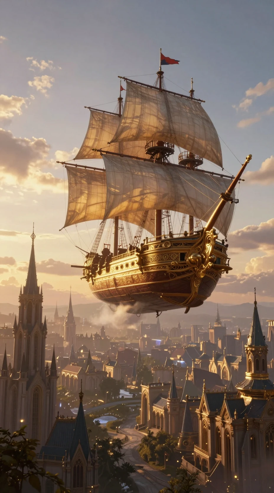 Majestic fantasy airship over a glowing medieval city