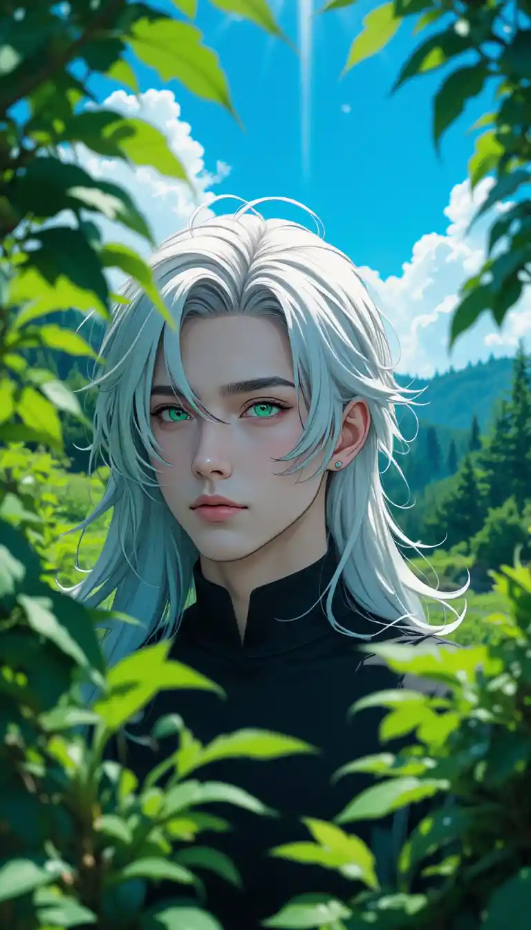Uomo anime dai capelli argento alla luce del sole tra il fogliame verde