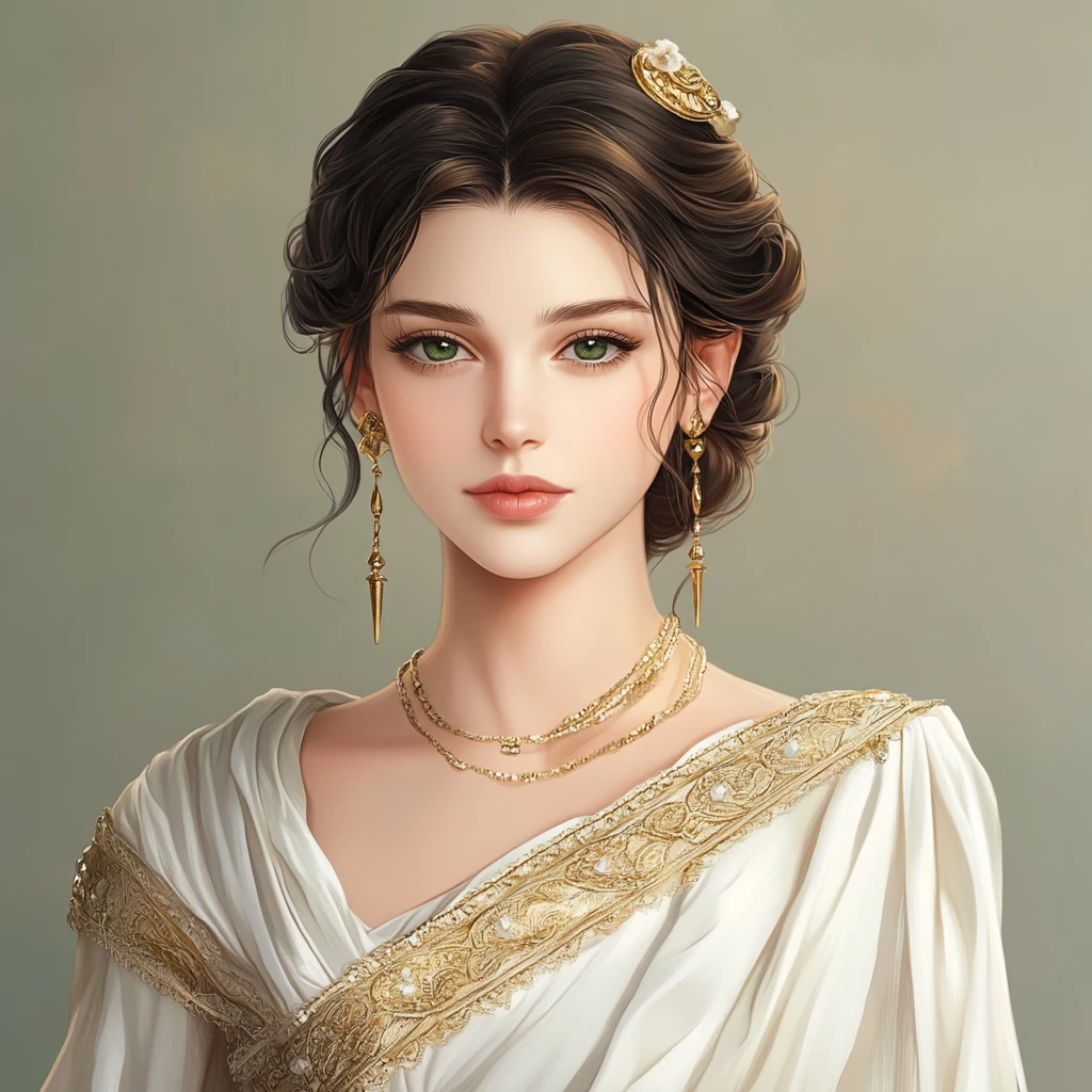 Elegantes Frauenporträt mit goldenen Haarnadeln und pastelligem Schimmer