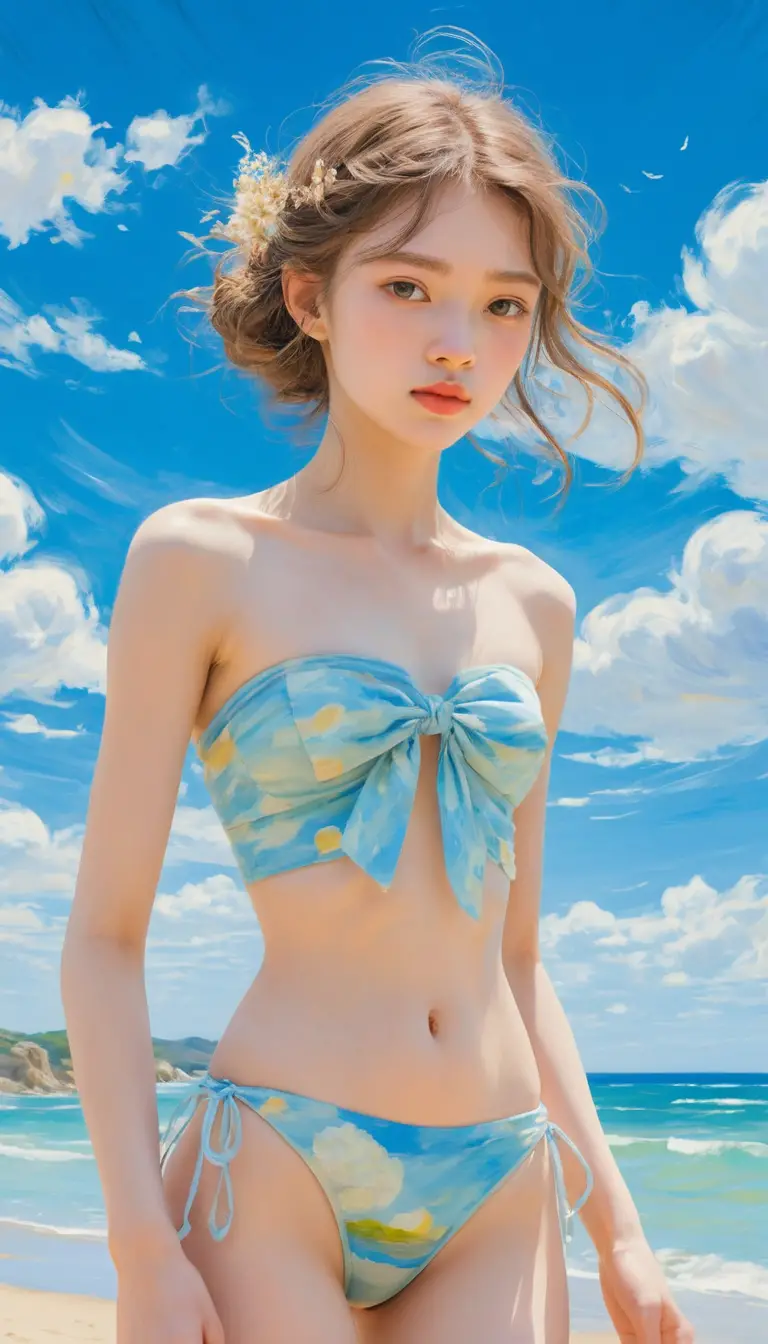 柔らかな夢空の下の小さなビキニのアニメ少女