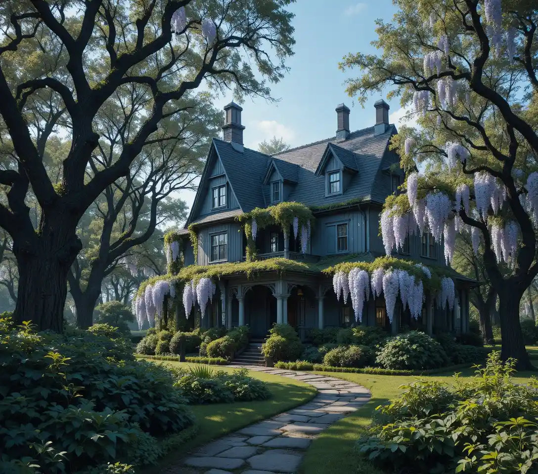 Blue house wrapped in wisteria beneath clear tranquil sky