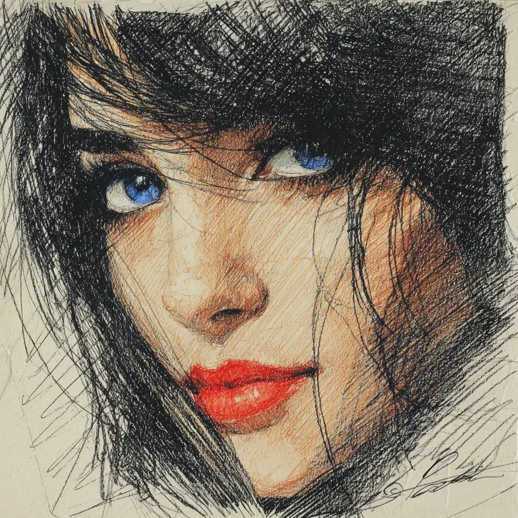 Close up drawing of a woman with vivid blue eye and red lips