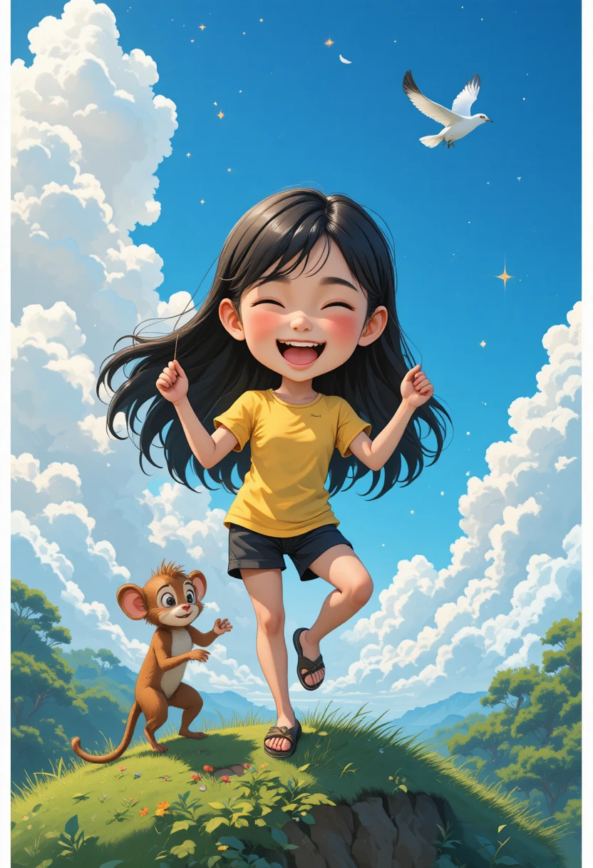 Anime girl balancing on a green cliff with monkey