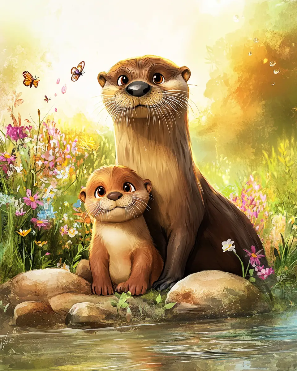 Whimsical watercolor otter family by a peaceful riverbank