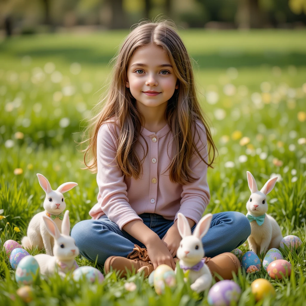 Girl sitting in spring field with rabbits and easter eggs