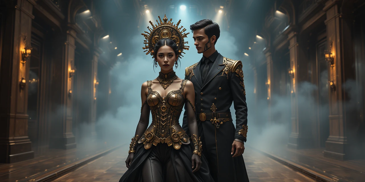 Steampunk-Galakonzert: Paar im majestätischen filmischen Rampenlicht