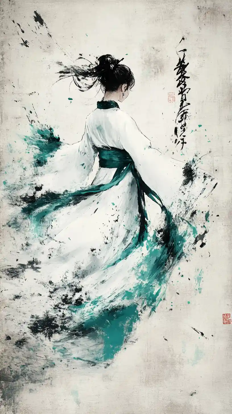 Elegant woman in white hanfu watercolor ink painting
