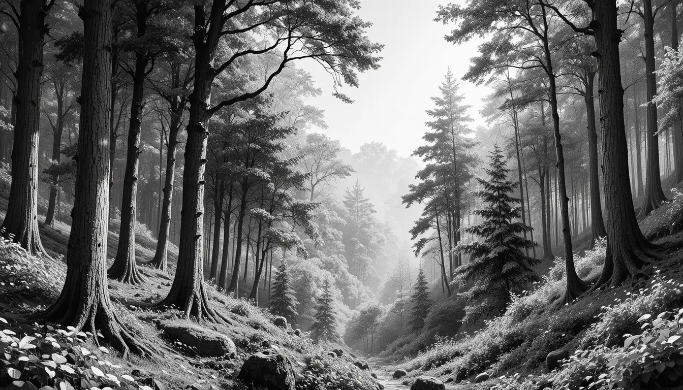 Black and white engraving of a dense woodland forest scene