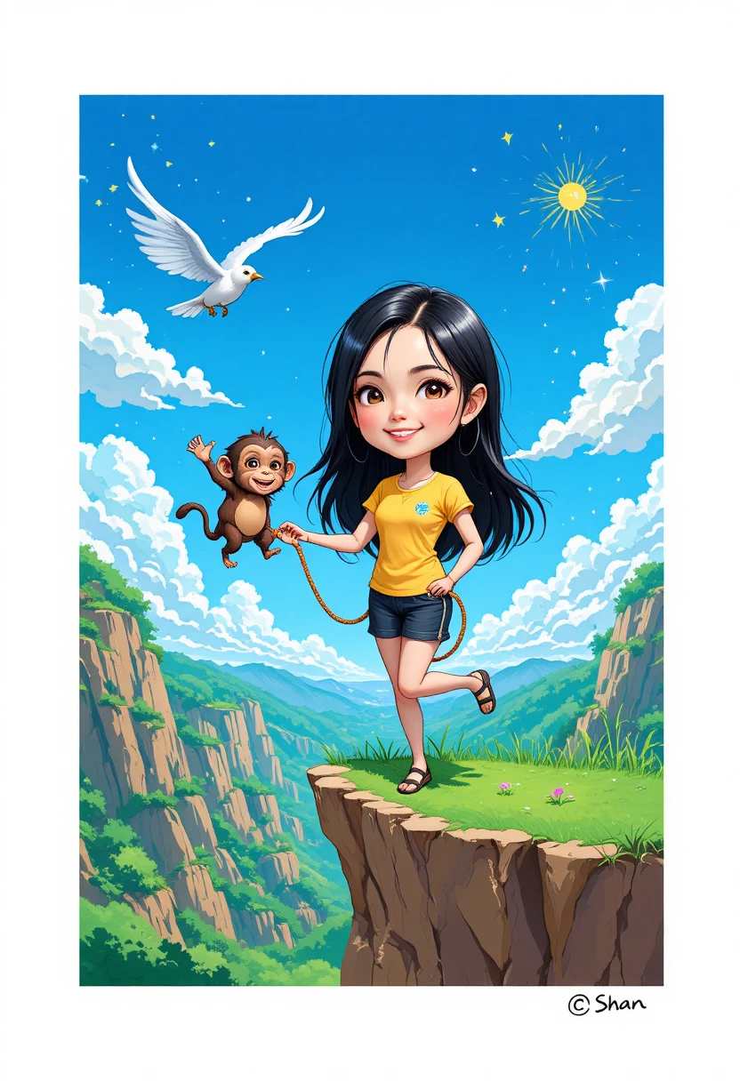 Anime girl balancing on a cliff with a playful monkey