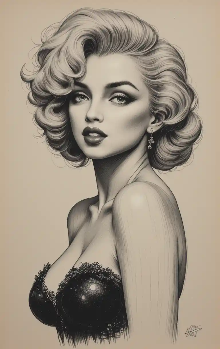 Charcoal portrait of glamorous woman with vintage wavy hair