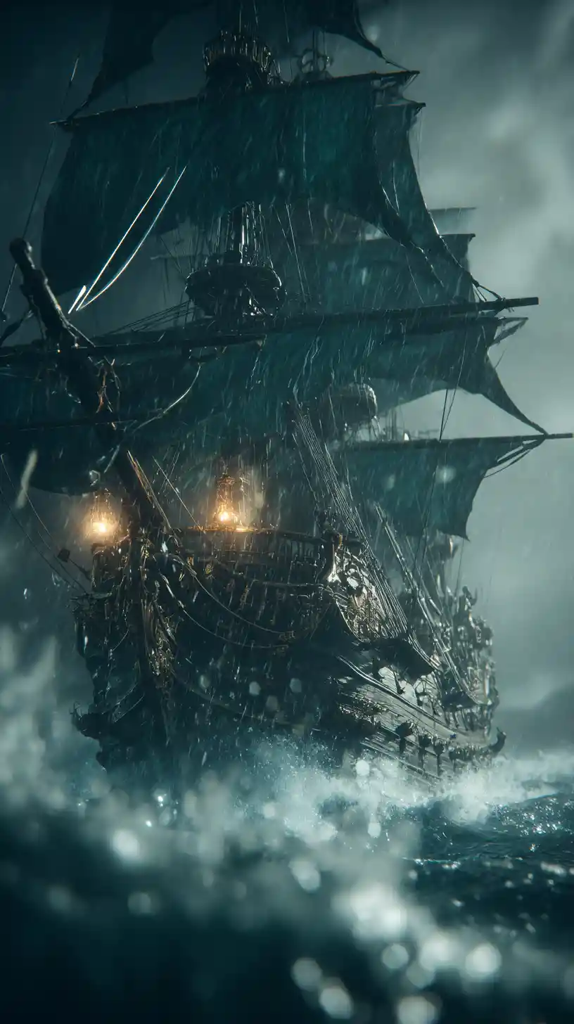Ghost pirate ship battles through storm and glowing waves