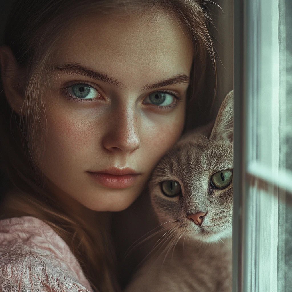 Young blonde woman in pajamas by a closed window