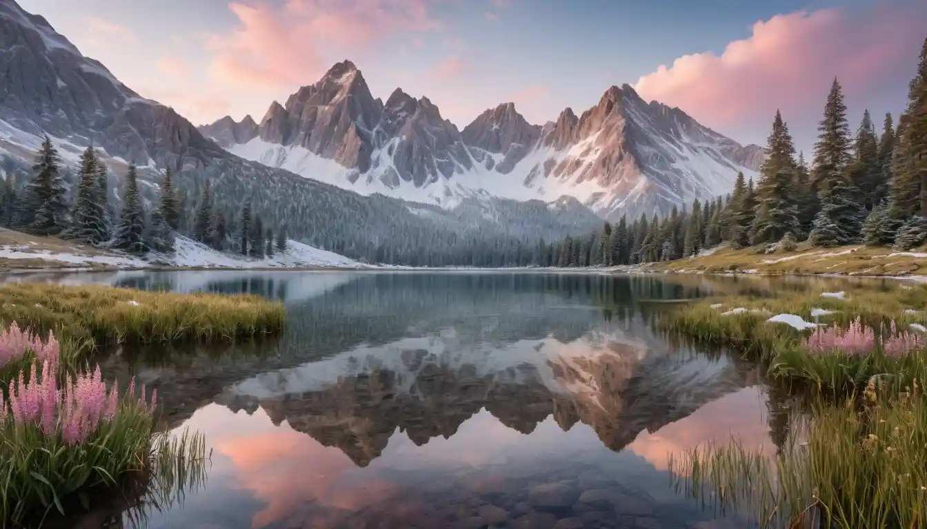 Amanecer en montaña nevada sobre un lago tranquilo y reflejante