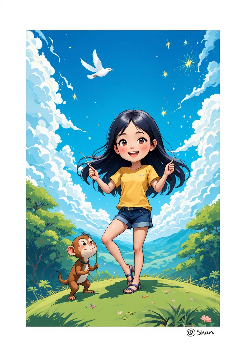 Joyful anime girl balancing on a cliff with monkey