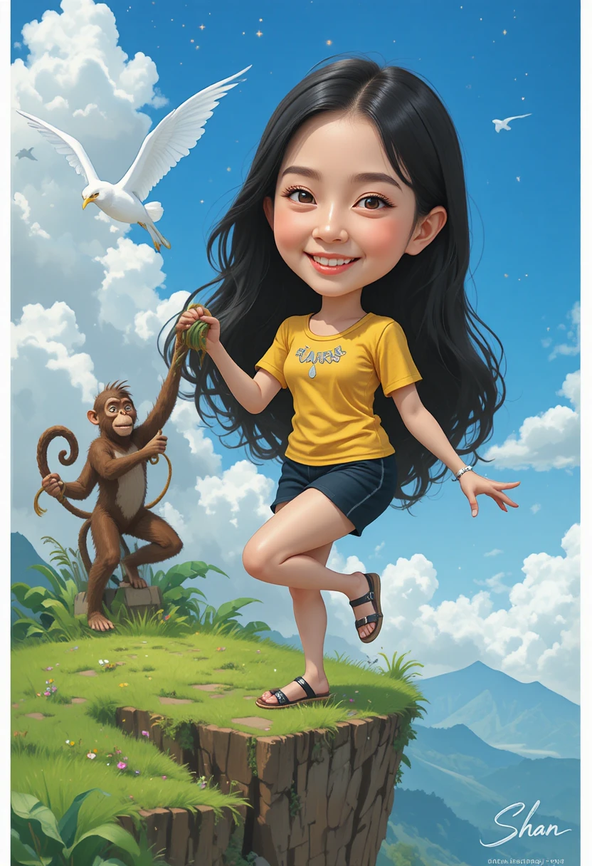 Anime girl balancing on a cliff with a playful monkey