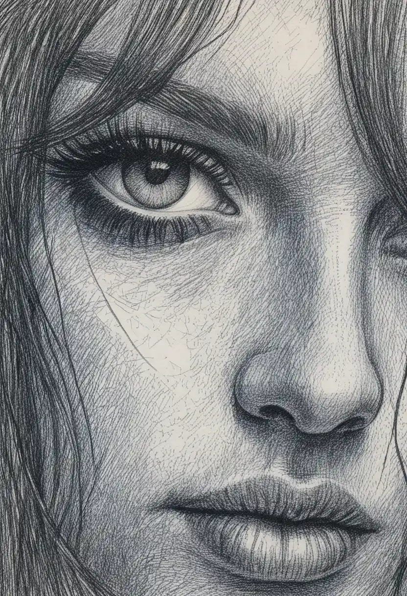 Close up sketch of a woman with blue eye and red lips