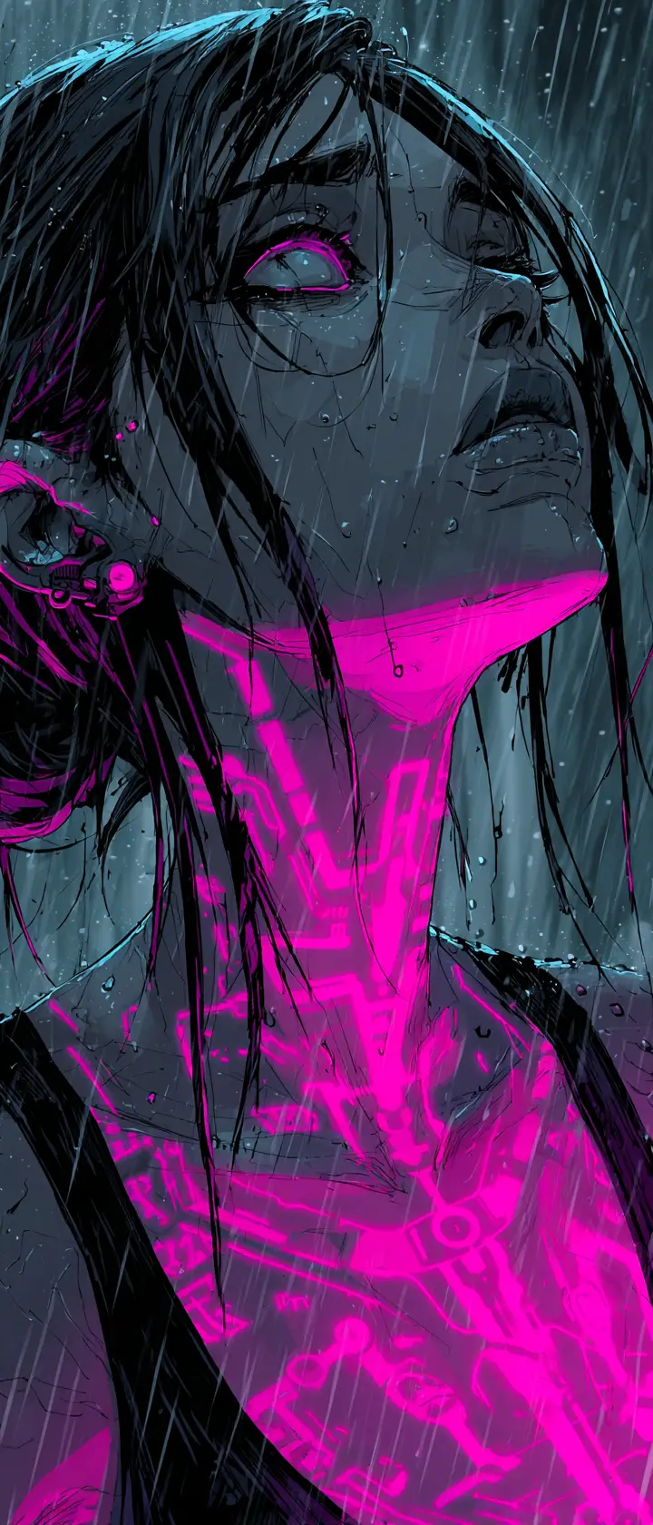 Cyberpunk anime woman in neon drenched rainy profile portrait