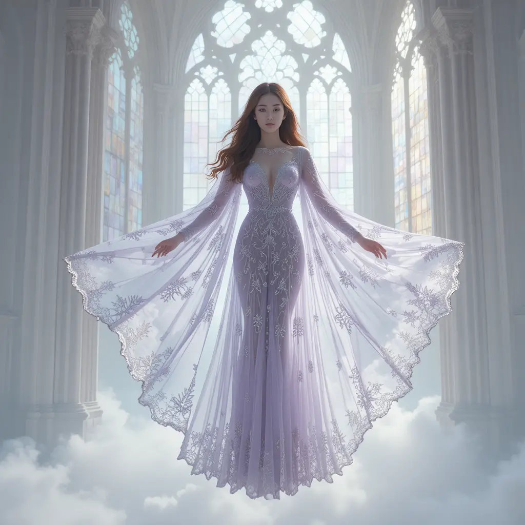 Korean woman in stained glass gown within luminous arches