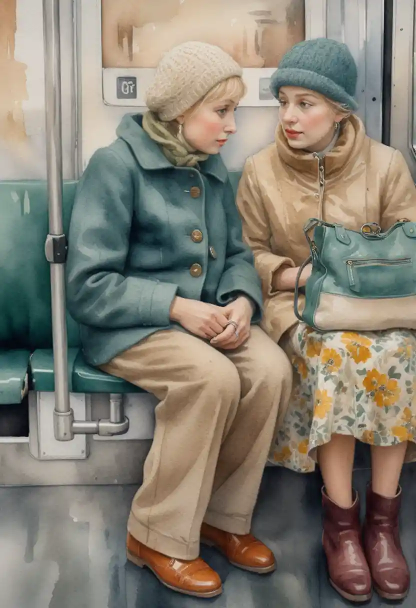 Two elderly women talking on a public transport bench