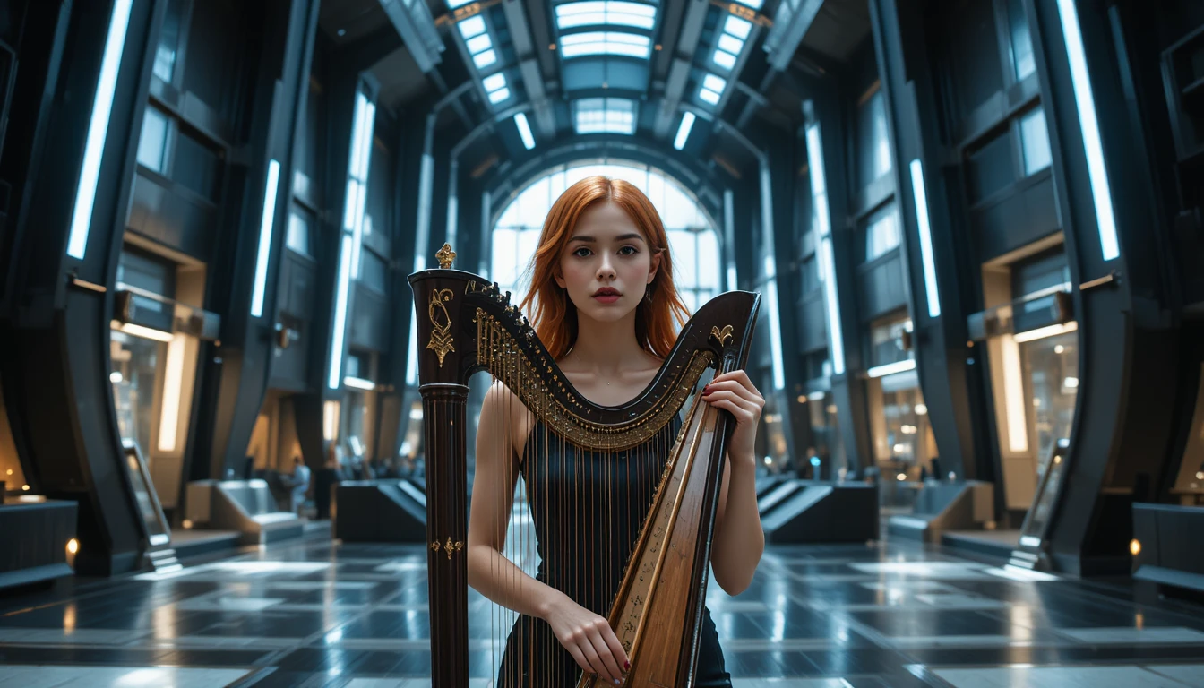 Redhead woman with harp in a modern minimal interior