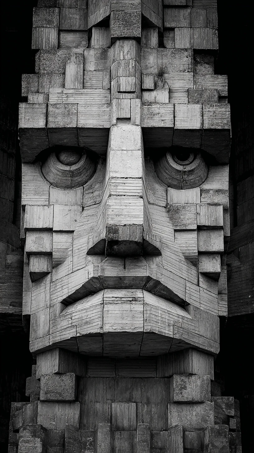Monumental brutalist concrete facade forming a human face