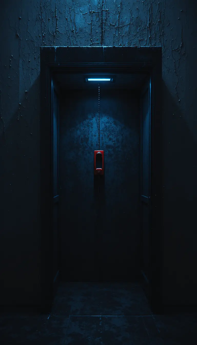 Minimalist phone booth under blue glow on black background