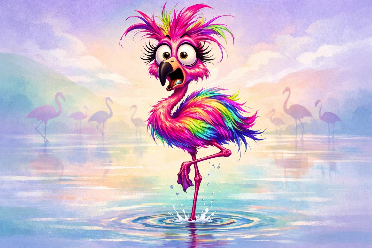 Frazzled neon flamingo standing on one leg in water